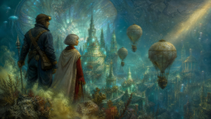 Fantasy-Illustration von Samuel und Hellena vor der perlmuttfarbenen Unterwasserstadt Utopia in Polismare